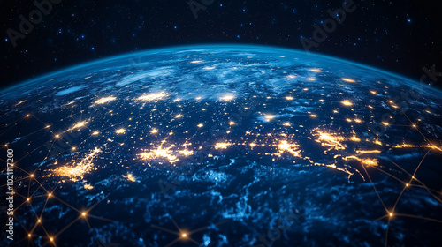 3D Rendering of Earth at Night Surrounded by Network Connections, Glowing Dots and Lines, Communication and Telecommunications Concept, 5G Mobile, Global Business