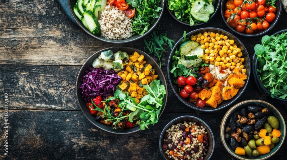 A vibrant and nourishing selection of plant-based bowls with fresh vegetables and grains on rustic wooden table. A vibrant and nourishing selection of plant-based bowls with fresh vegetables and grains on rustic wooden table.