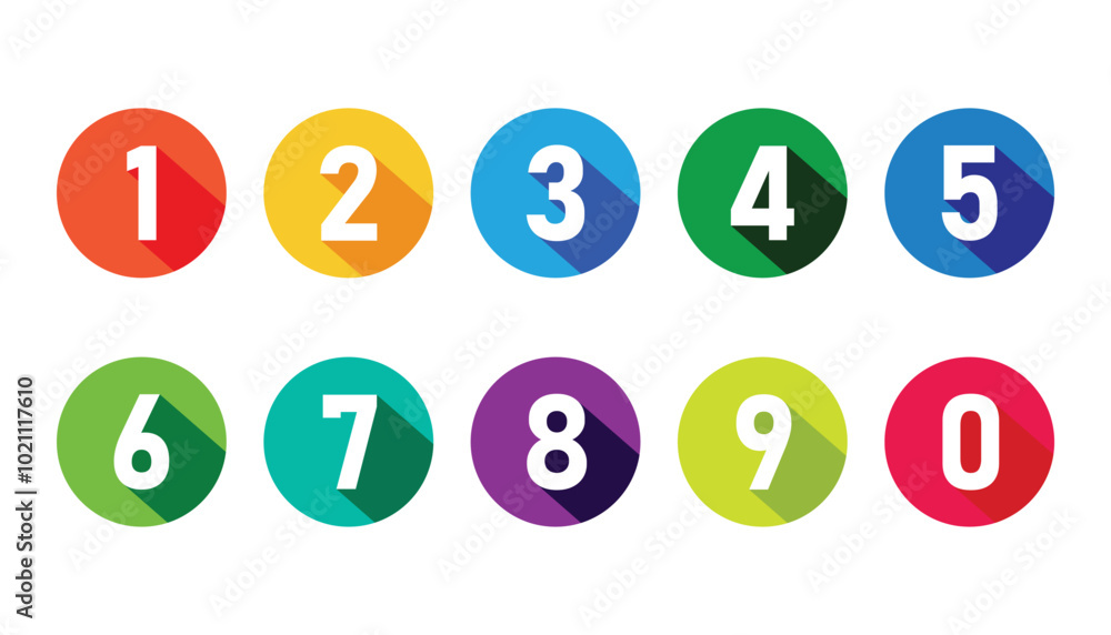 Number set from zero to nine on colorful circle with shadow. colorful circles and numbers. numbers symbols with long shadow. number digit vector icon with colorful circle. set of 1-9 numbers Number set from zero to nine on colorful circle with shadow. colorful circles and numbers. numbers symbols with long shadow. number digit vector icon with colorful circle. set of 1-9 numbers