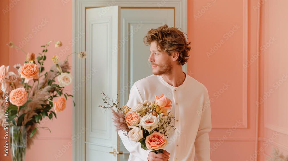 A man in a white shirt holds a bouquet of peach-colored roses against a pink wall. A man in a white shirt holds a bouquet of peach-colored roses against a pink wall.
