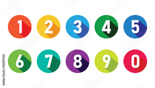 Number set from zero to nine on colorful circle with shadow. colorful circles and numbers. numbers symbols with long shadow. number digit vector icon with colorful circle. set of 1-9 numbers