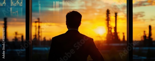 A silhouette of a businessman overlooking an industrial landscape at sunset, symbolizing ambition and the energy sector.