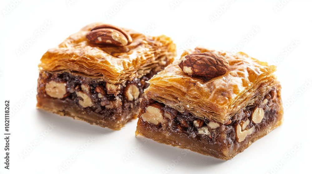 Two pieces of walnut baklava with flaky golden pastry and deep-rich filling, adorned with half a walnut on a pristine white surface, gourmet dessert close-up. Two pieces of walnut baklava with flaky golden pastry and deep-rich filling, adorned with half a walnut on a pristine white surface, gourmet dessert close-up.