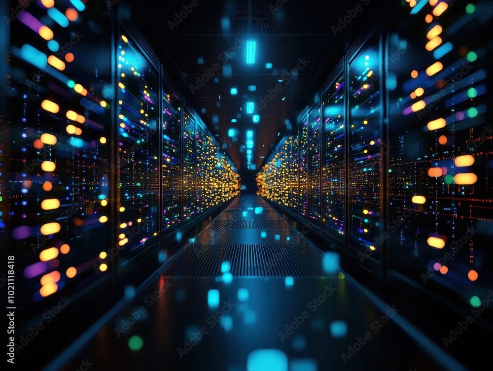 Data center with vibrant illuminated servers Data center with vibrant illuminated servers