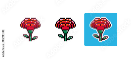 Pixel Art Carnation Icon Vector Illustration. Red Flower Graphic Isolated Sticker. Retro 8 Bit Carnation for Video Game, Mobile, Web. Spring Nature Floral Element. Digital Art Asset