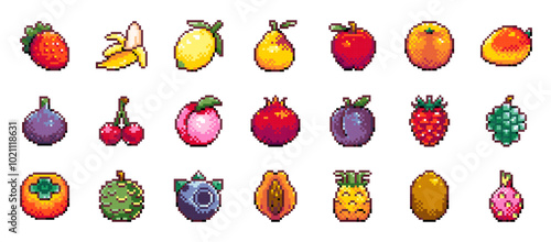 Pixel Art Tropical and Exotic Fruits and Berries Icon Set, Strawberry, Banana, Lemon, Apple, Mango, Fig, Cherry, Peach, Pomegranate, Pineapple, Kiwi, Papaya. Retro 8-bit Elements for Games and Design.