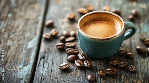 Close up of a Freshly Brewed Cup of Aromatic Coffee on a Wooden Surface with Roasted Coffee Beans