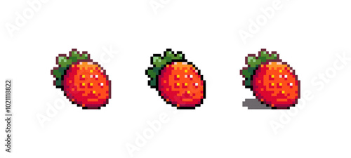 Pixel Art Strawberry Icon Vector Illustration. Red Berry Graphic Isolated Sticker. Retro 8 Bit Red Strawberry for Video Game, Mobile, Web. Food Digital Element. Digital Art Asset