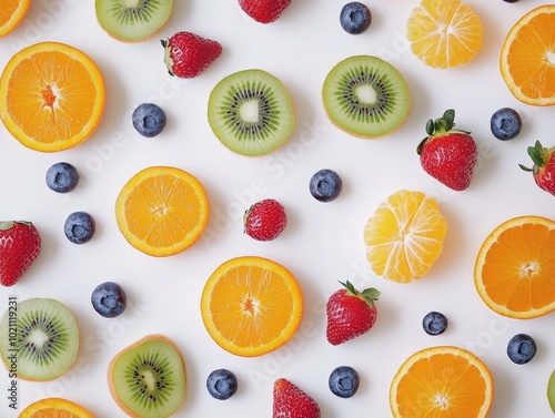 Vibrant, fresh fruit slices and berries arranged on a white background.