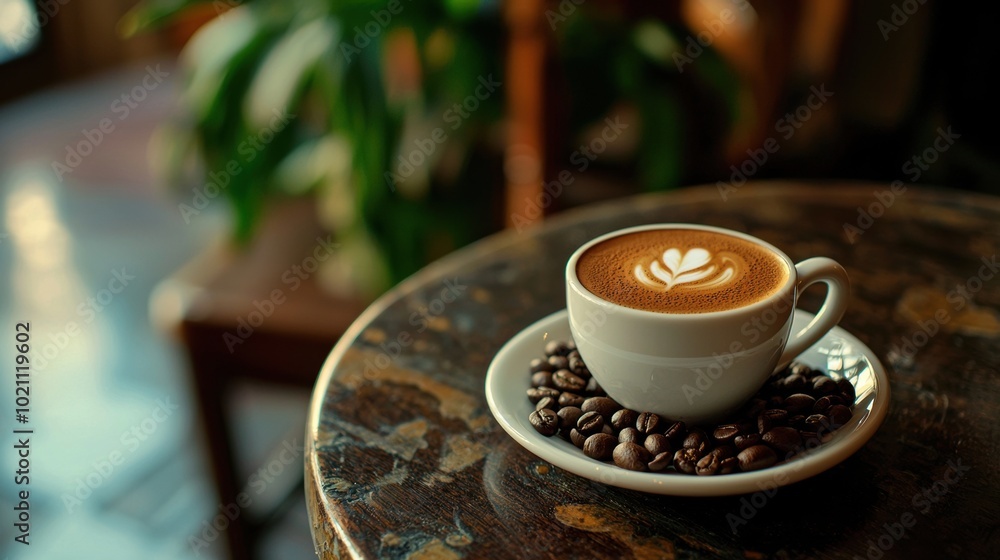 Fototapeta premium Cozy Cafe Moment with Freshly Brewed Latte Art in Rustic Mug on Wooden Table