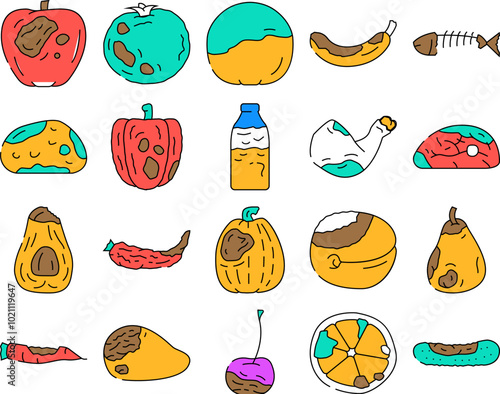 rotten food waste icons set vector. rubbish bad, trash, garbage fruit, vegetable bin, dirty kitchen, junk, reduce rotten food waste color Contour Illustrations