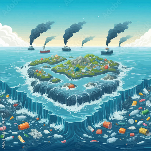polluted ocean scene, with trash islands made of plastic waste floating vector illustration 