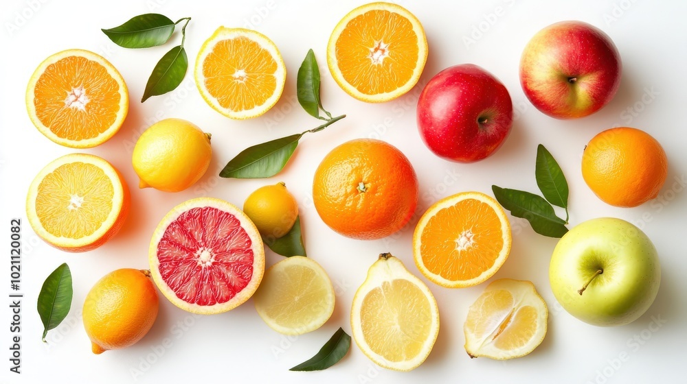 Vibrant assortment of fresh citrus fruits and apples on a white background. Vibrant assortment of fresh citrus fruits and apples on a white background.