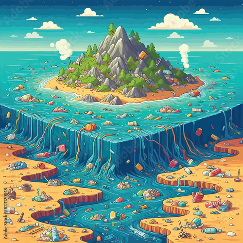 polluted ocean scene, with trash islands made of plastic waste floating vector illustration 