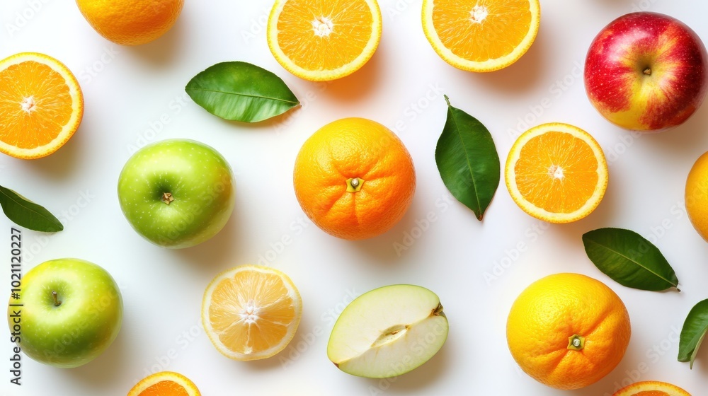 Vibrant display of fresh fruit and green leaves on a white background. Vibrant display of fresh fruit and green leaves on a white background.