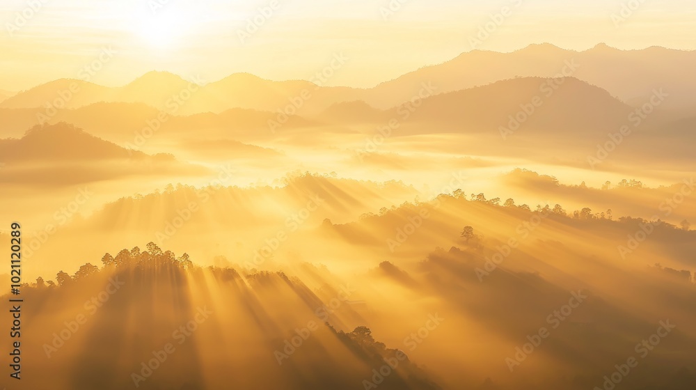 Obraz premium Mystical Sunrise Over Thai Mountain Range - Serene Landscape Photography with Soft Light and Ultra Detail