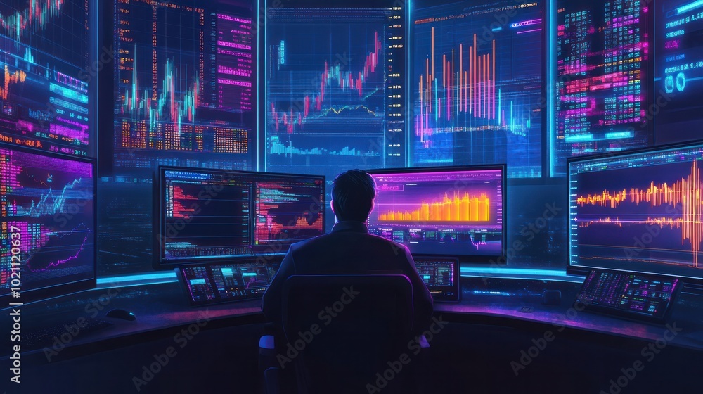 Futuristic illustration showing a trader analyzing stock market data on a screen with charts, stock prices and candlestick charts, set on a high-tech trading floor. Futuristic illustration showing a trader analyzing stock market data on a screen with charts, stock prices and candlestick charts, set on a high-tech trading floor.