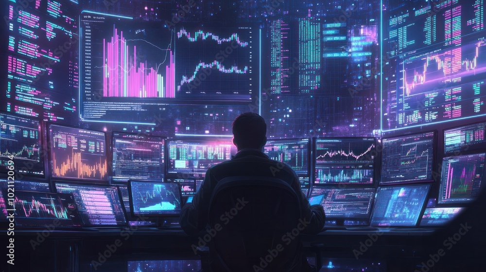 custom made wallpaper toronto digitalFuturistic illustration showing a trader analyzing stock market data on a screen with charts, stock prices and candlestick charts, set on a high-tech trading floor.