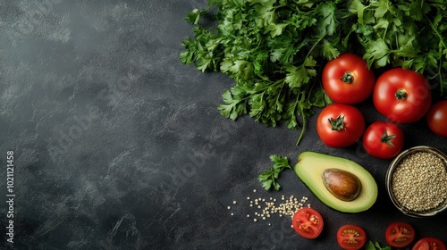 Fresh ingredients including tomatoes, avocado, and quinoa on a dark textured surface.