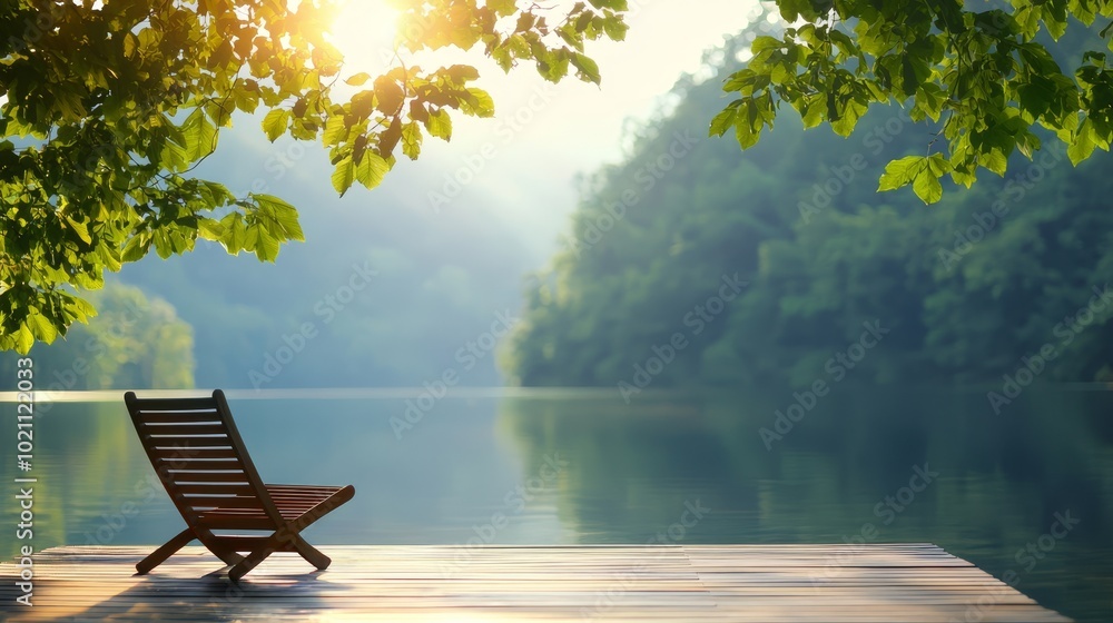 Fototapeta premium Wellness retreat by a tranquil lake, emphasizing holistic relaxation and rejuvenation