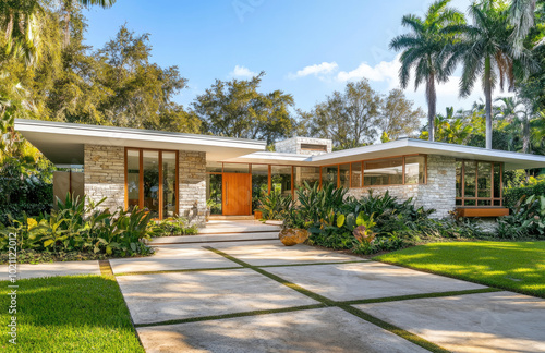 the front view of an all-white modern home in Miami with stone accents, palm trees, and green landscaping. 