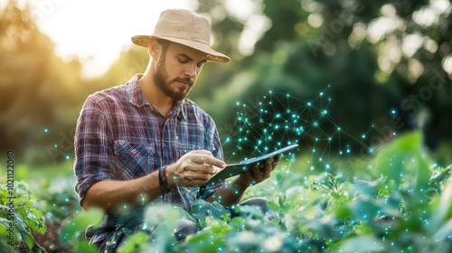 A farmer using a tablet in a lush field, embracing technology to enhance agricultural practices and increase productivity.