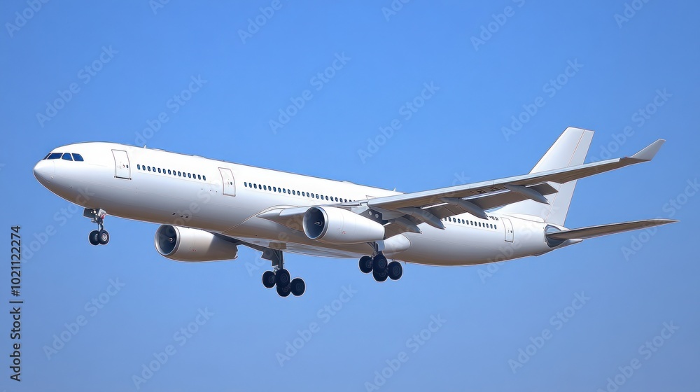 A white airplane approaching for landing against a clear blue sky. A white airplane approaching for landing against a clear blue sky.