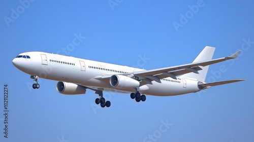 A white airplane approaching for landing against a clear blue sky.