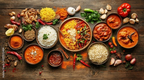 A vibrant spread of Indian curries and rice, showcasing colorful spices and ingredients on a rustic table.