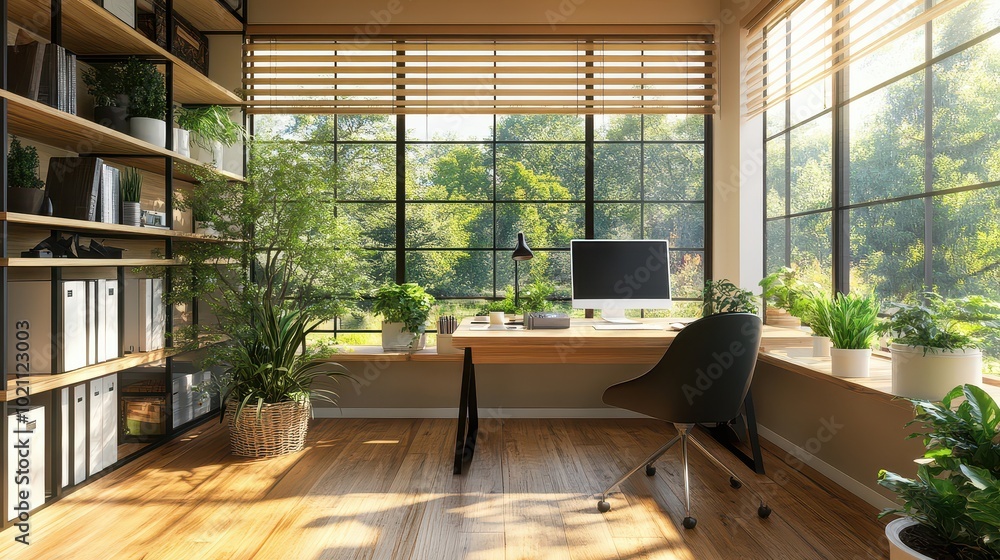 Fototapeta premium A bright and airy office space featuring a desk, computer, and lush plants, perfect for productivity and inspiration.