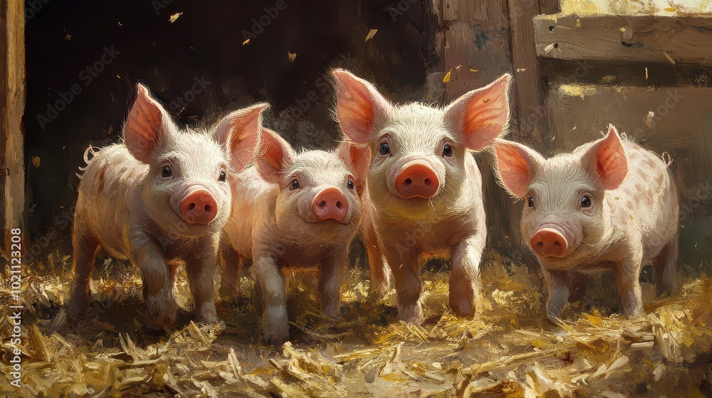 A charming scene featuring four playful piglets exploring a barn filled with straw, showcasing their vibrant pink colors and lively spirits. A charming scene featuring four playful piglets exploring a barn filled with straw, showcasing their vibrant pink colors and lively spirits.