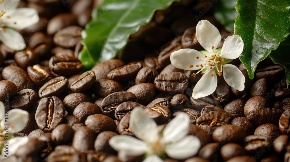 Fototapeta premium Freshly Roasted Coffee Beans with Blooming Flower on Earthy Background