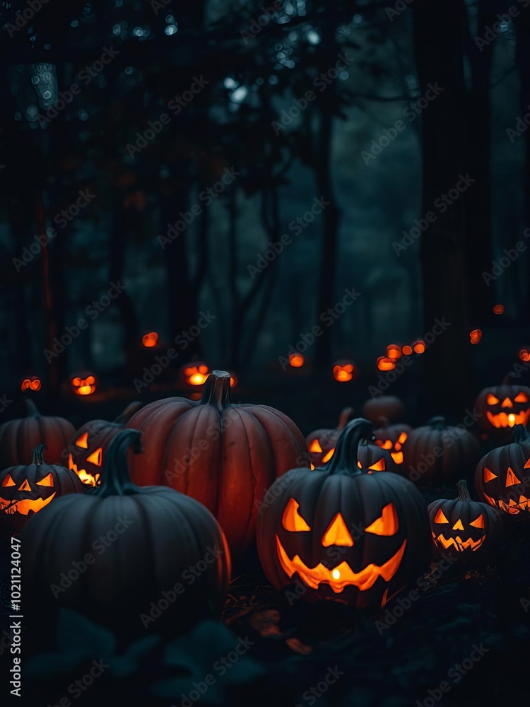 Eerie glowing pumpkins in a dark and mysterious forest perfect for halloween decorations spooky backdrops and gothic-themed projects halloween backdrop Eerie glowing pumpkins in a dark and mysterious forest perfect for halloween decorations spooky backdrops and gothic-themed projects halloween backdrop