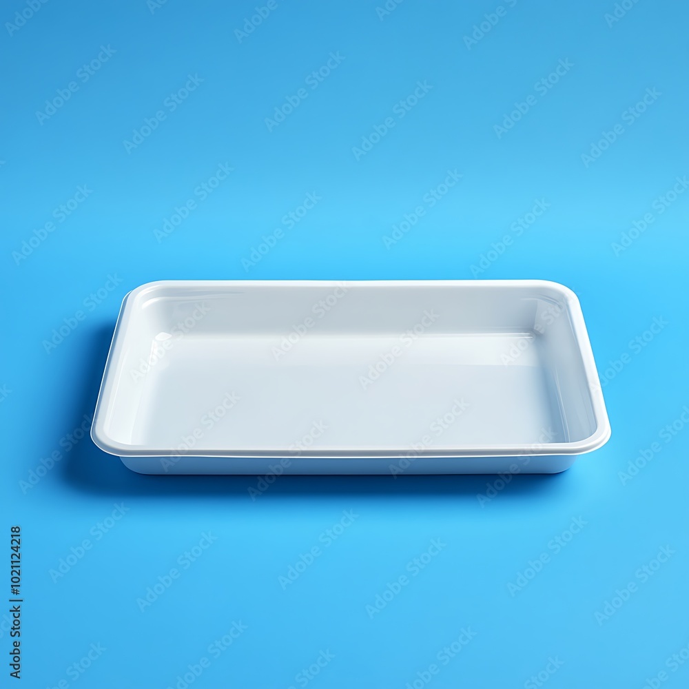 A simple white tray on a blue background, suitable for serving food or organizing items. A simple white tray on a blue background, suitable for serving food or organizing items.