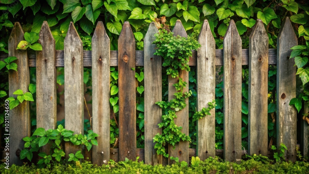 A weathered wooden fence with a vine growing through it, the vine reaching toward the sky. A weathered wooden fence with a vine growing through it, the vine reaching toward the sky.