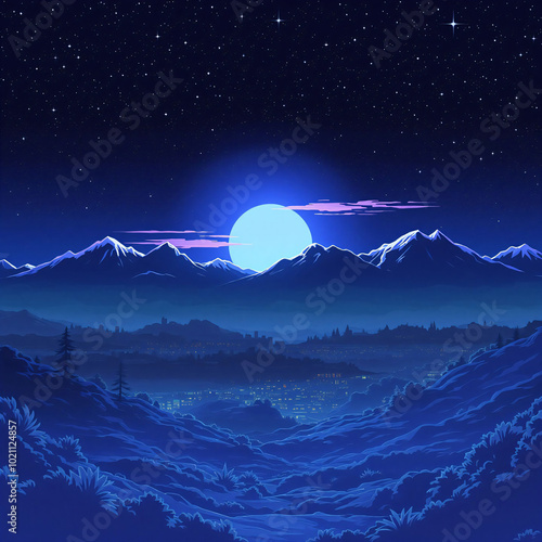 Moonlit Mountain Serenity: A Neon Retrowave Night