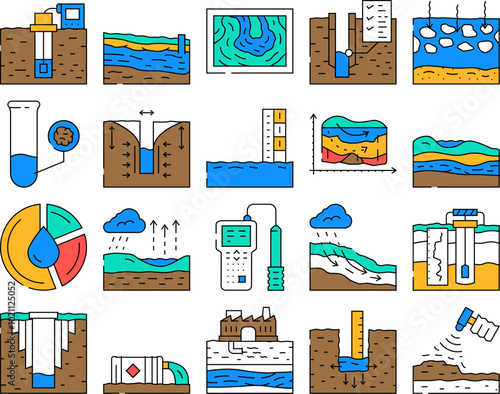 hydrogeologist industrial icons set vector. geology industry, pipe drill, man engineering mining, geologist oil, team, data hydrogeologist industrial color Contour Illustrations