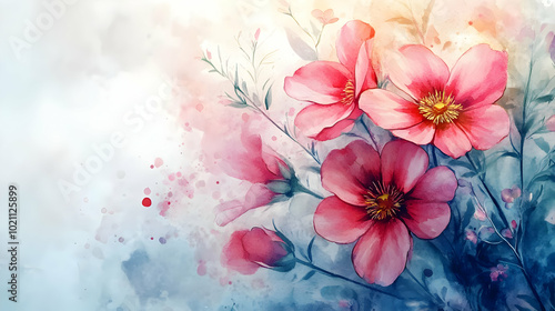 Watercolor Illustration of Pink Flowers on a Blue and White Background