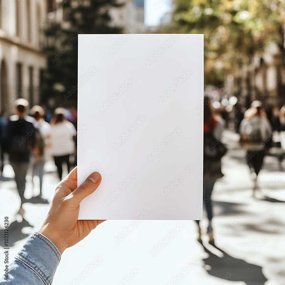 A hand holding a blank sheet of paper in a busy outdoor setting with people walking in the background. A hand holding a blank sheet of paper in a busy outdoor setting with people walking in the background.