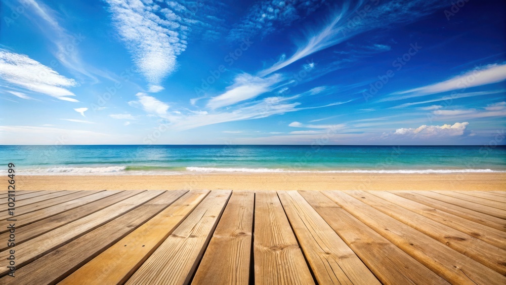 Wooden Deck Overlooking a Pristine Beach and Blue Sky with White Clouds Wooden Deck Overlooking a Pristine Beach and Blue Sky with White Clouds