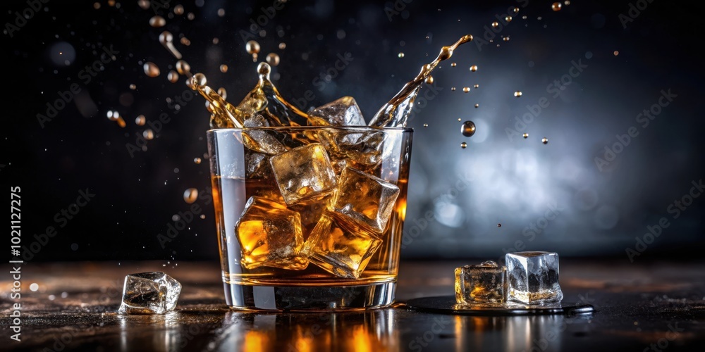 A glass of whiskey with ice cubes, splashing as more ice is added. The liquid is amber-colored and the ice cubes are clear. The image has a dark, moody background. A glass of whiskey with ice cubes, splashing as more ice is added. The liquid is amber-colored and the ice cubes are clear. The image has a dark, moody background.