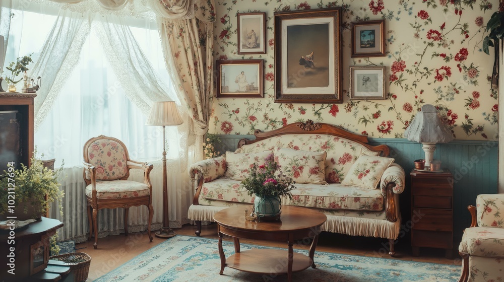 Fototapeta premium Vintage floral living room with elegant decor and antique furniture.