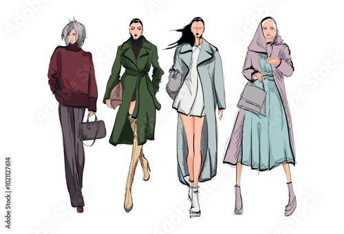 Beautiful young girl in stylish clothes. Fashion woman look. Sale concept. Hand-drawn fashion illustration. Cute girl in fashion clothes. Set of young beautiful women in stylish clothes. Fashion sketc