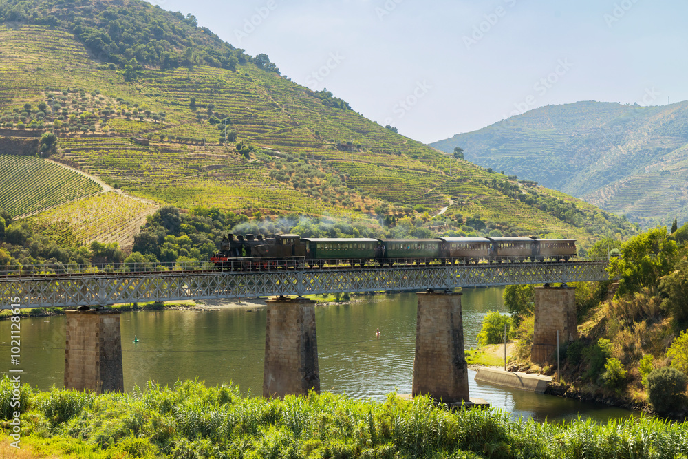Steam train on railway bridge (Ponte Ferroviaria do Tua), Tua, Alto Douro, Portugal Steam train on railway bridge (Ponte Ferroviaria do Tua), Tua, Alto Douro, Portugal