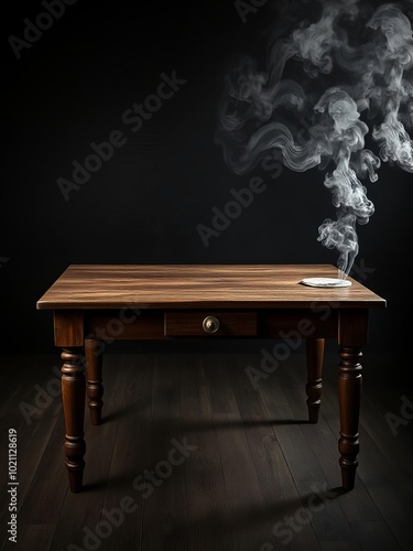 Empty wooden table with smoke float up on dark backgroundused as a studio background wall to display your products halloween backdrop photo