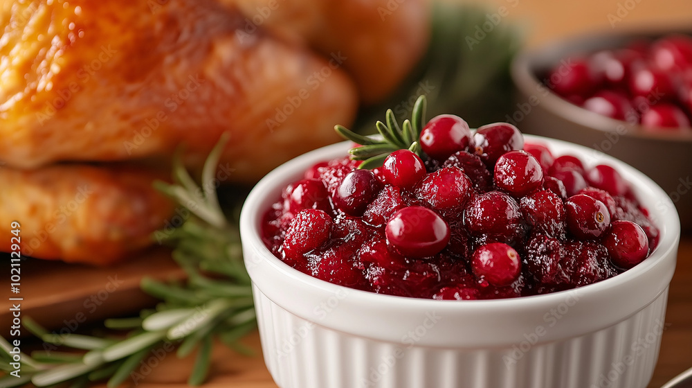 A small dish of bright red cranberry sauce with whole berries, placed beside a roast turkey on a Thanksgiving table. A small dish of bright red cranberry sauce with whole berries, placed beside a roast turkey on a Thanksgiving table.