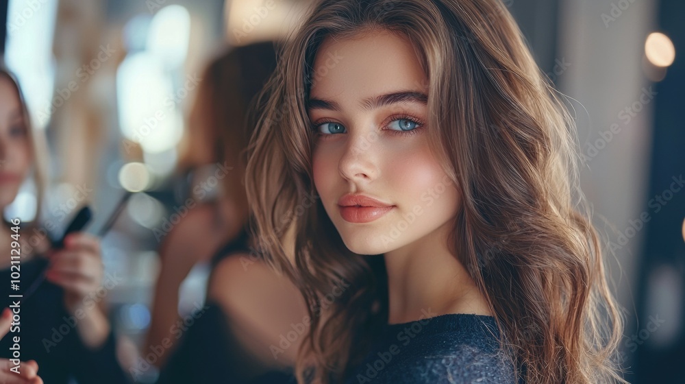 Alluring Young Woman with Glamorous Makeup and Hairstyle Posing in Studio