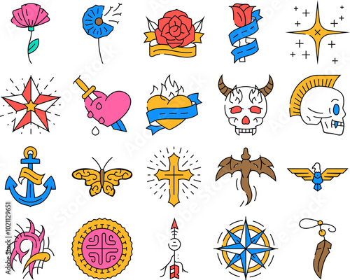 tattoo retro vintage icons set vector. heart, fashion rose, font old school, traditional flame, hand gothic, swallow tattoo retro vintage color Contour Illustrations