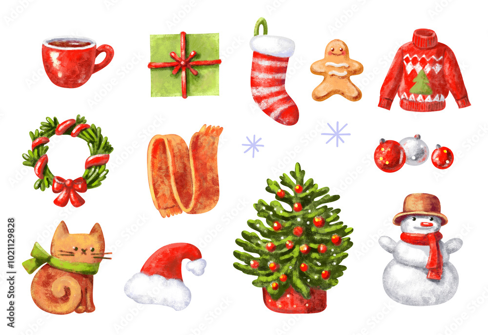 A set of stickers for winter holidays. Drawing with colored pencils. A set of stickers for winter holidays. Drawing with colored pencils.