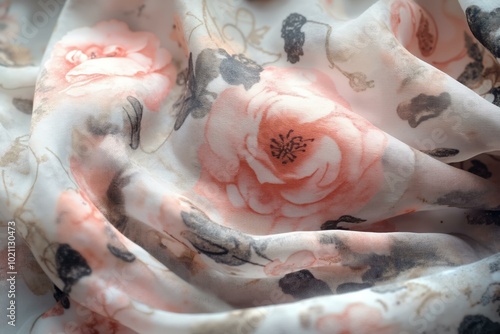 Elegant floral fabric with delicate rose pink and soft gray patterns.